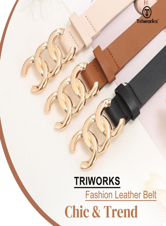 TRIWORKS مجموعة من 3 أحزمة نسائية من TRIWORKS، مناسبة للجينز والسراويل، أحزمة خصر أنيقة للسيدات، حزام جلدي بإبزيم ذهبي. - Image 2